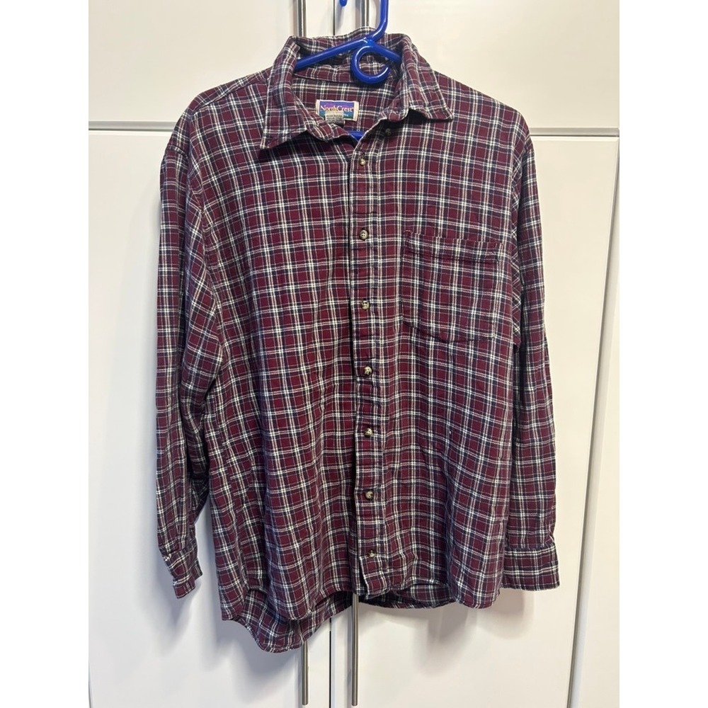 NorthCrest Mens Plaid Flannel Shirt Maroon Navy Blue White Cotton LT‎ 42-44